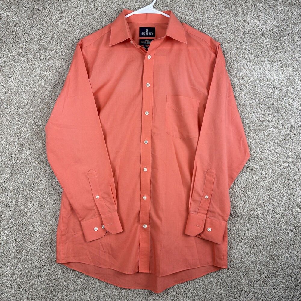 Stafford Travel Easy Care Broadcloth Mens M 15-15.5 32-33 Orange Long Sleeve